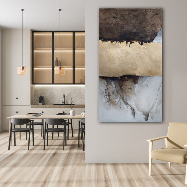Kitchen interior with armchair and eating area with table. Mock up frame Silke von Clarmann Duchbruch