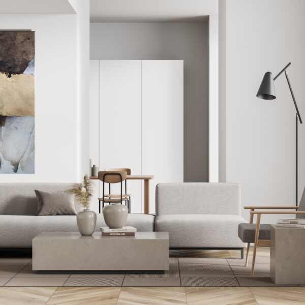 Living room interior with seats and decoration, carpet. Mockup Silke von Clarmann Durchbruch